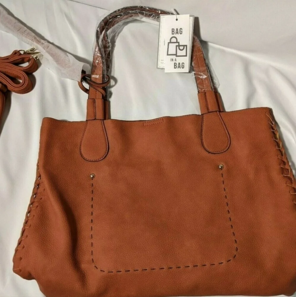 2-in-1 Vegan Leather Whipstitch Tote